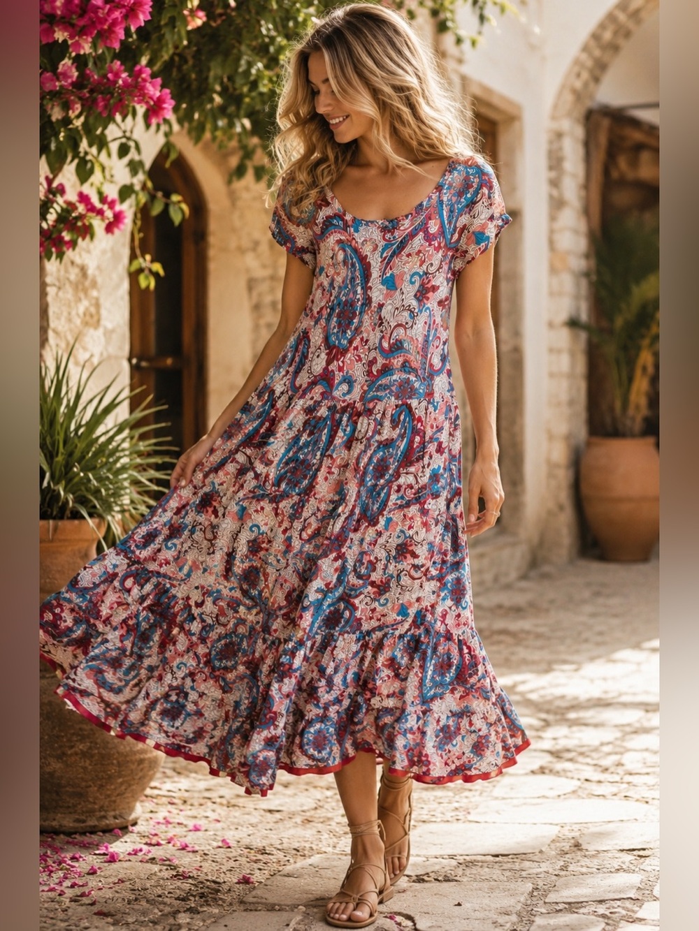 Soft Surroundings Paisley Boho Midi Dress Medium Flowy Viscose Cottagecore